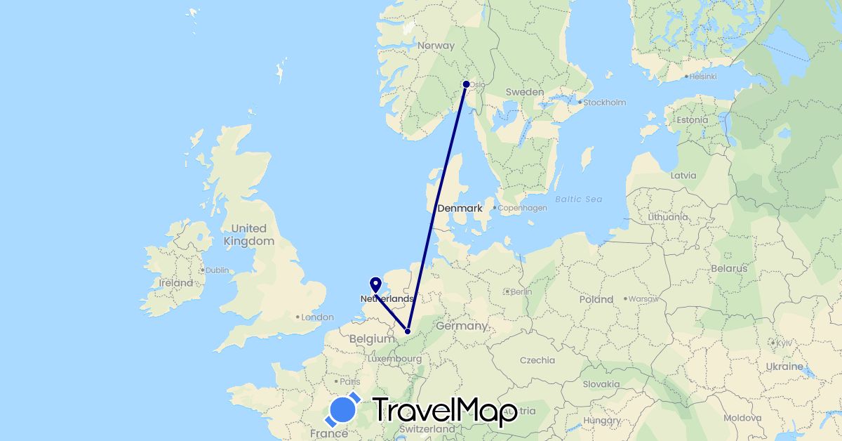 TravelMap itinerary: driving in Germany, Netherlands, Norway (Europe)